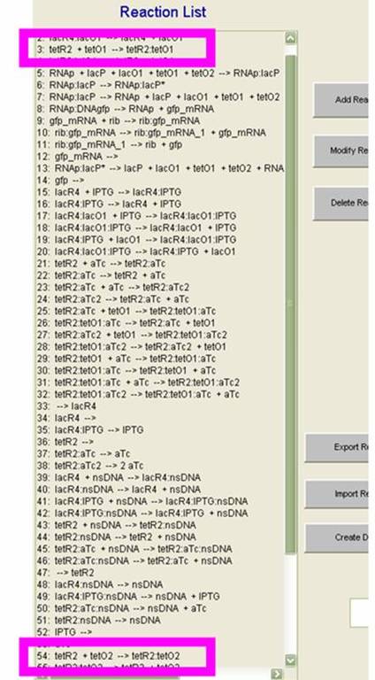 The reaction list in the MATLAB GUI with reactions 3 and 54 highlighted.